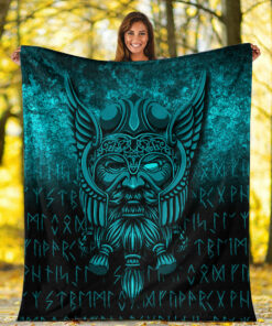 Viking Sherpa Fleece Blanket Viking Odin Allfather In Asgard Cyan Version Norse Blanket