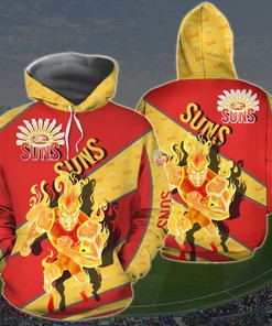 Personalized 3D Printed Gold Coast Football Club Hoodie With Mascot-Kc - Afl Zip-Up Hoodie