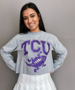 TCU Open Back Crop Long Sleeve Tee TCU Shirt Sweatshirt Hoodie Reprinted Full Size Gifts for NCAA Fans