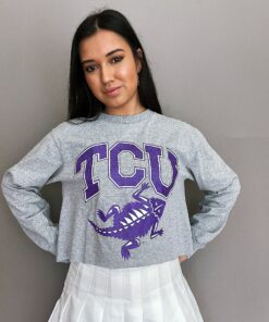 TCU Open Back Crop Long Sleeve Tee TCU Shirt Sweatshirt Hoodie Reprinted Full Size Gifts for NCAA Fans