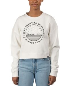 Women's White TCU Horned Frogs Fleece Crop Pullover Sweatshirt, University Football Fan Shirt, TCU Shirts Gift for Fans