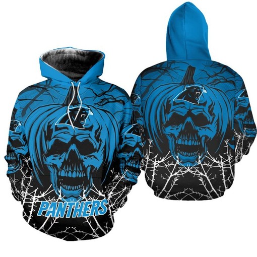 Carolina Panthers Hoodie 3D Halloween Pumpkin Skull Print Zip Hoodie