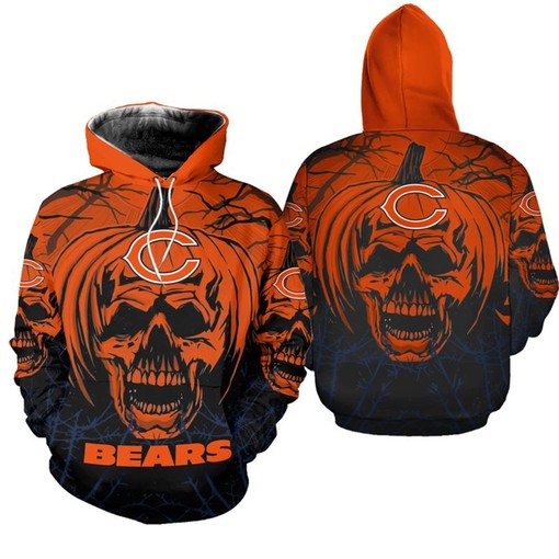 Chicago Bears Hoodie Halloween Pumpkin Skull Print Zip Hoodie