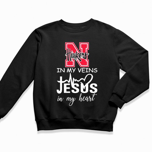 Nebraska Cornhuskers In My Veins Jesus In My Heart Logo Shirt