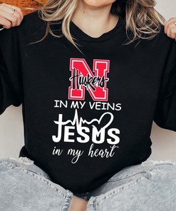 Nebraska Cornhuskers In My Veins Jesus In My Heart Logo Shirt