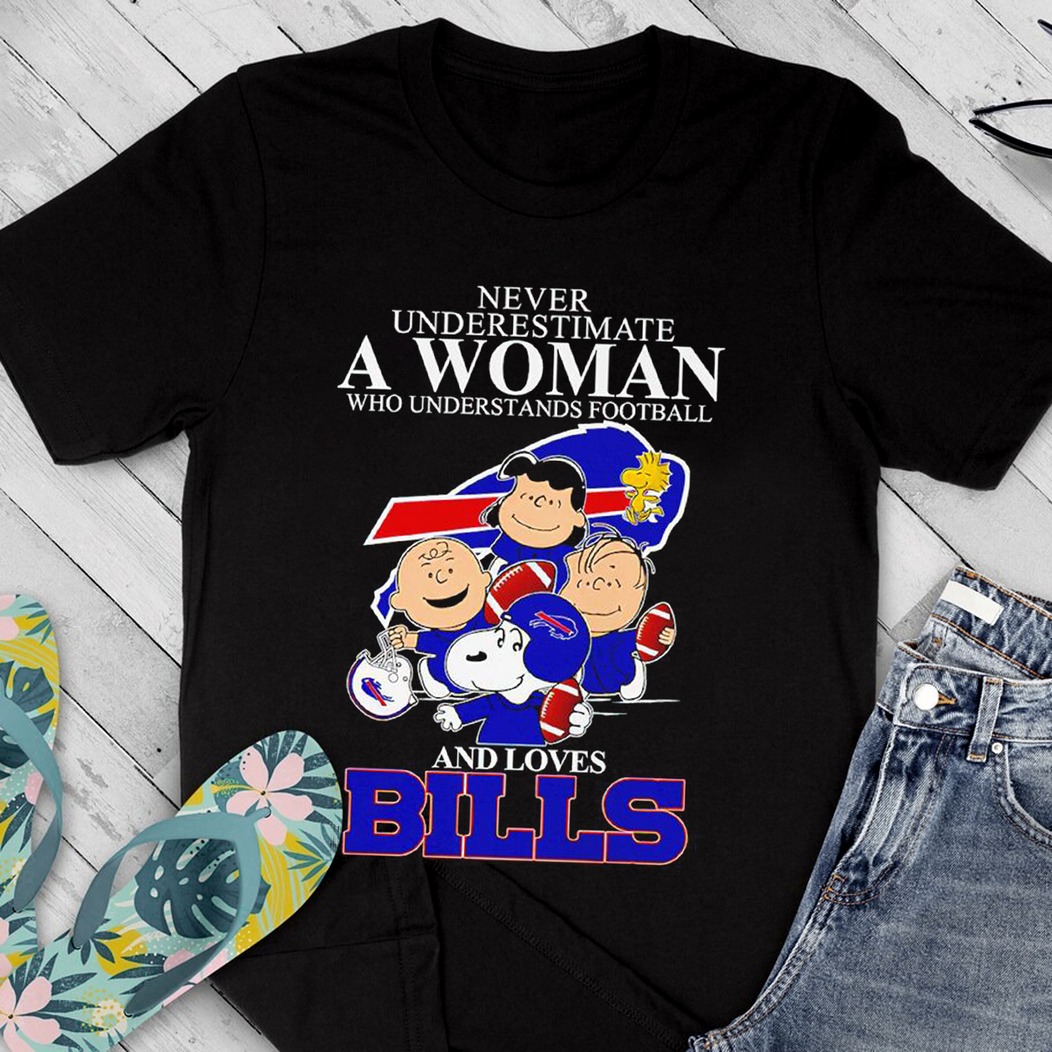 Snoopy Peanuts Never Underestimate A Woman Who Understands Football And Loves Bills Shirt