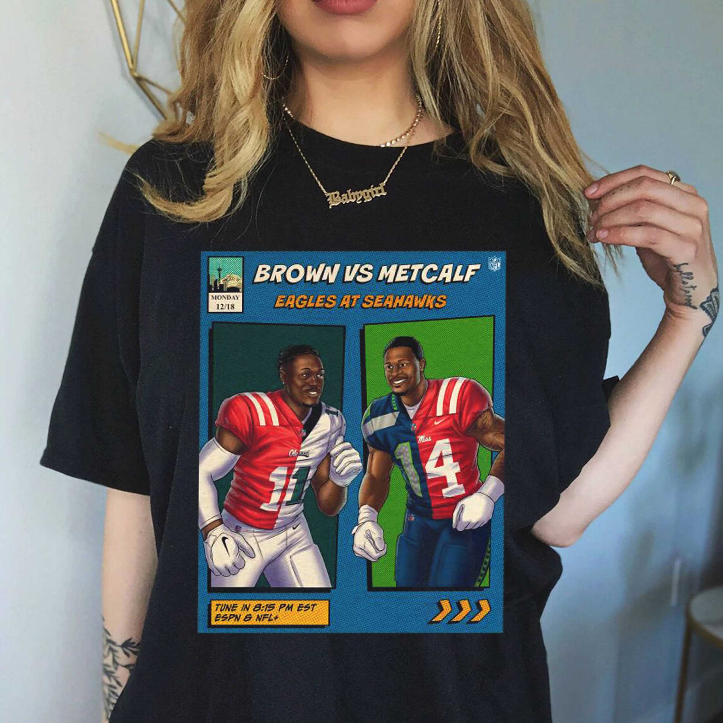 Official Philadelphia Eagles vs Seahawks Brown vs Metcalf NFL 2023 MNF Game Shirt