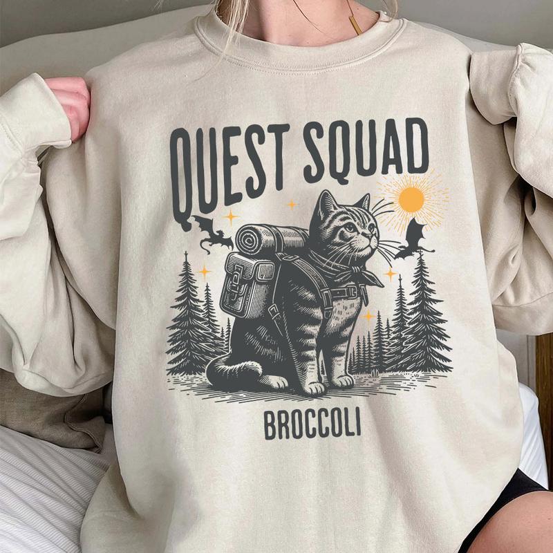 Broccoli Adventure Quest Squad Cat Shirt - Whimsical Exploration Tee