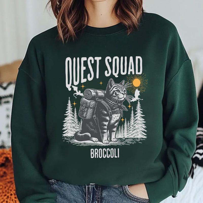 Broccoli Adventure Quest Squad Cat Shirt - Whimsical Exploration Tee