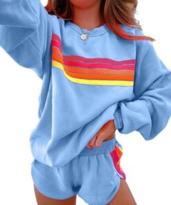 Women's Pastel Striped Casual Two-Piece Set - Comfortable Pullover and Shorts for Relaxed Daily Wear