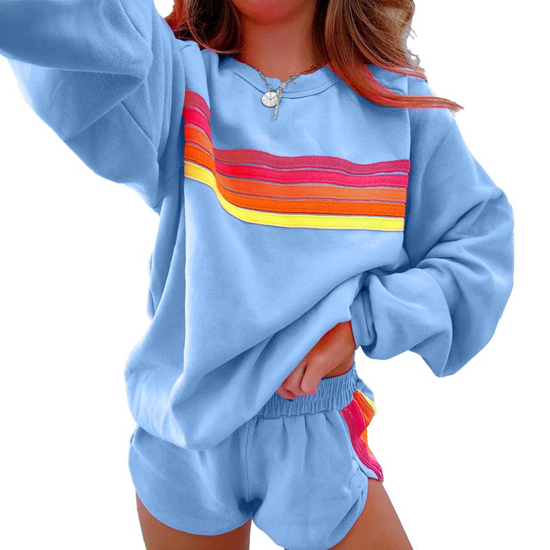 Women's Pastel Striped Casual Two-Piece Set - Comfortable Pullover and Shorts for Relaxed Daily Wear