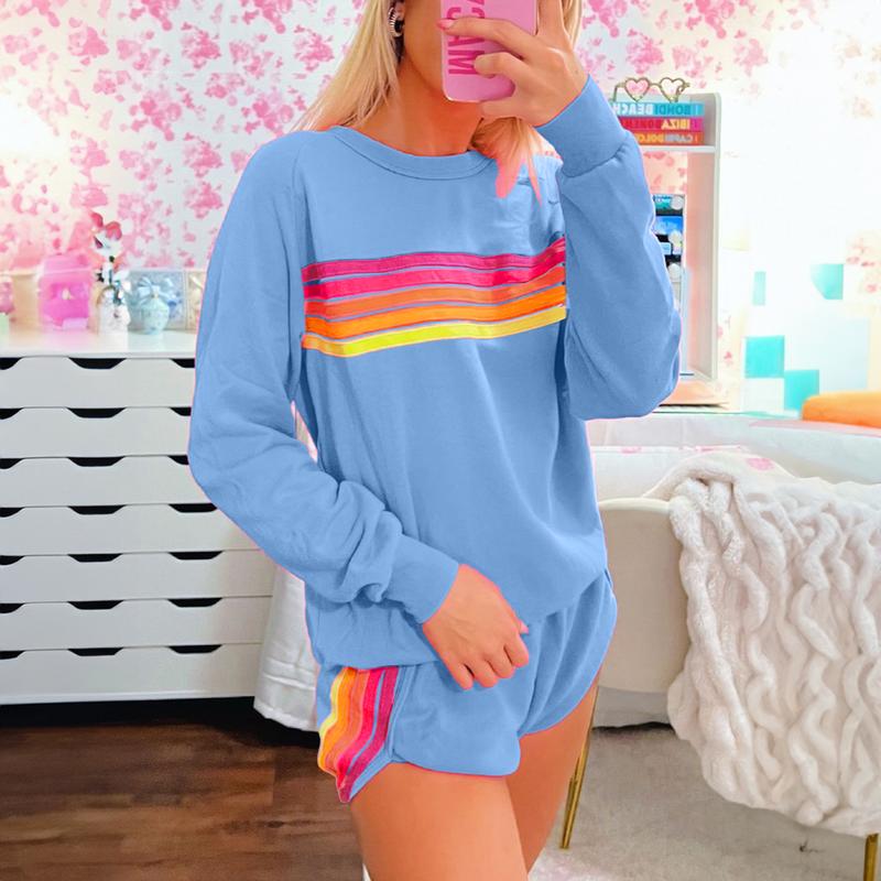Women's Pastel Striped Casual Two-Piece Set - Comfortable Pullover and Shorts for Relaxed Daily Wear