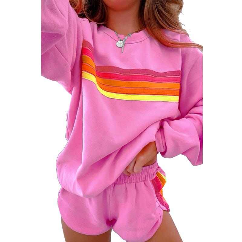 Women's Pastel Striped Casual Two-Piece Set - Comfortable Pullover and Shorts for Relaxed Daily Wear