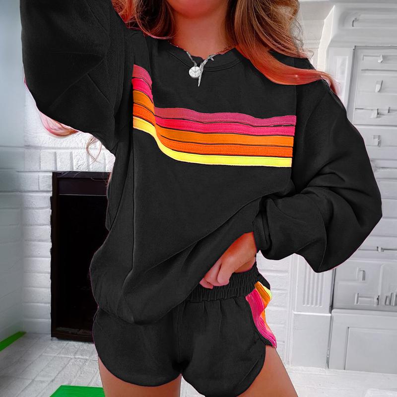 Women's Pastel Striped Casual Two-Piece Set - Comfortable Pullover and Shorts for Relaxed Daily Wear