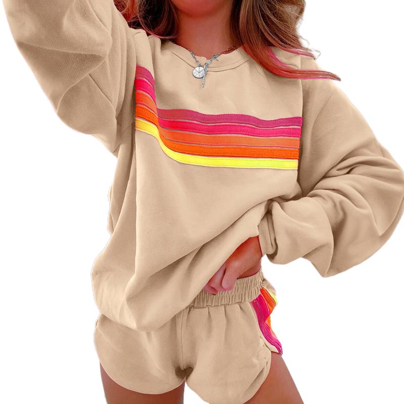 Women's Pastel Striped Casual Two-Piece Set - Comfortable Pullover and Shorts for Relaxed Daily Wear