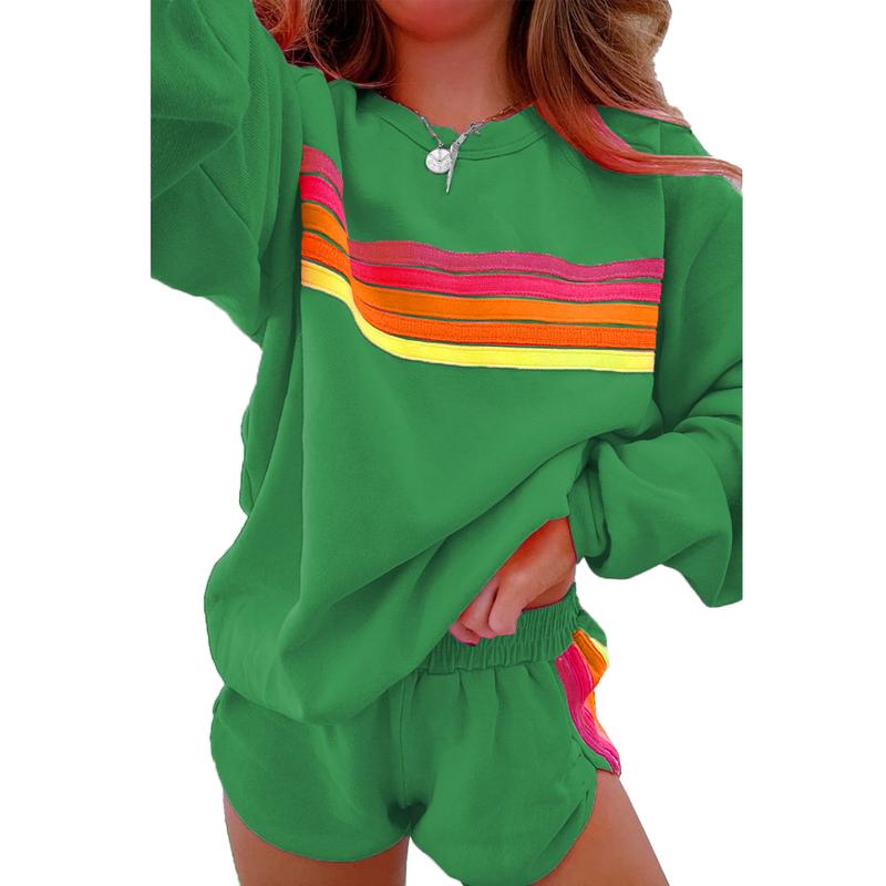 Women's Pastel Striped Casual Two-Piece Set - Comfortable Pullover and Shorts for Relaxed Daily Wear